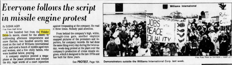 Dec 1983 article on protests near theater Walake Drive-In Theatre, Walled Lake